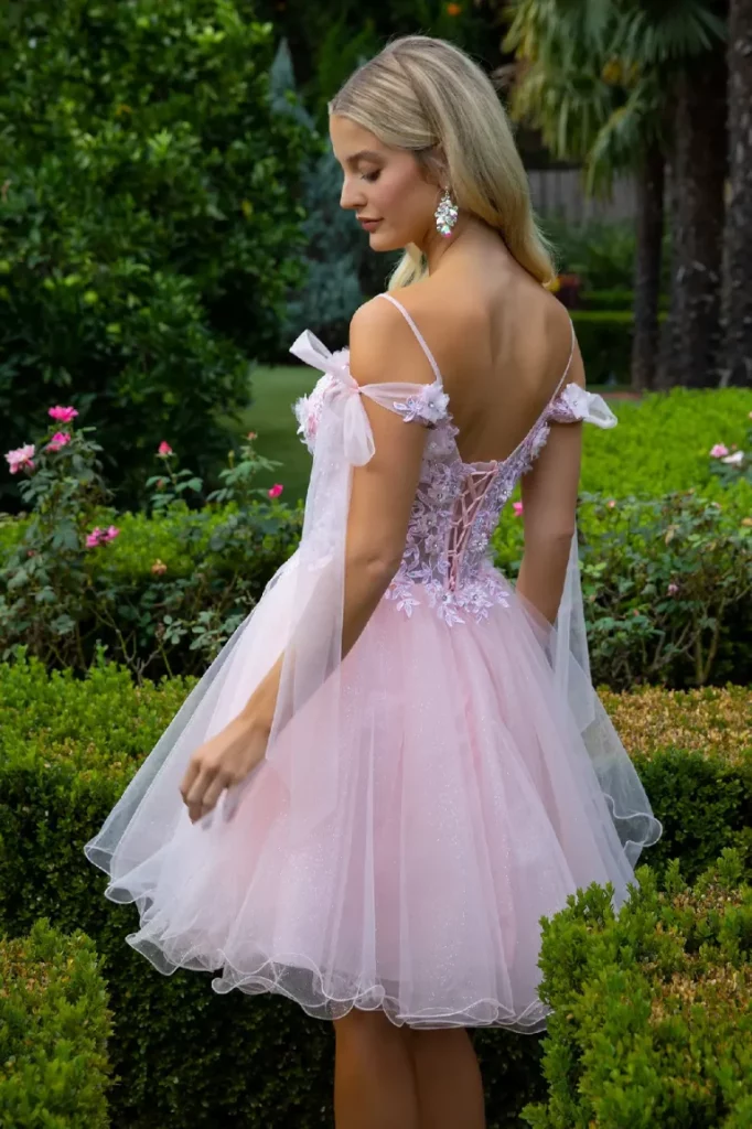 Side view of Blush 3D Floral Glitter Mesh Dress
