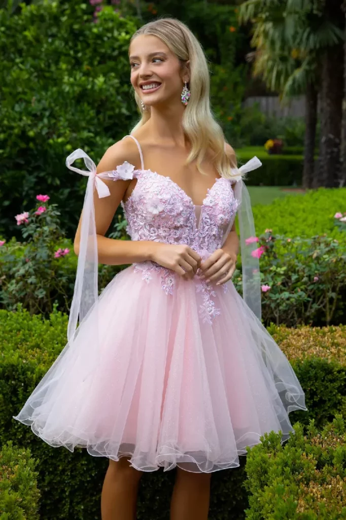 Woman in Blush 3D Floral Glitter Mesh Dress