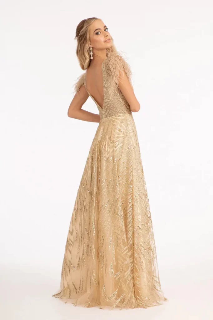 Rear view of Champagne Feather Shoulder A-Line Dress