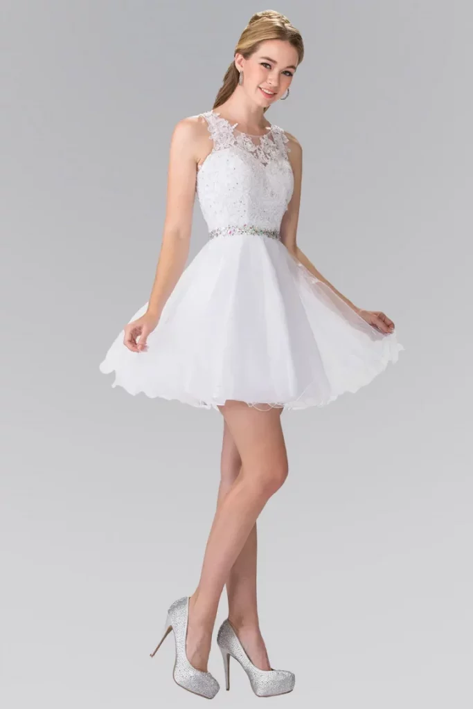 Woman in Snow White Lace Illusion A-Line Dress