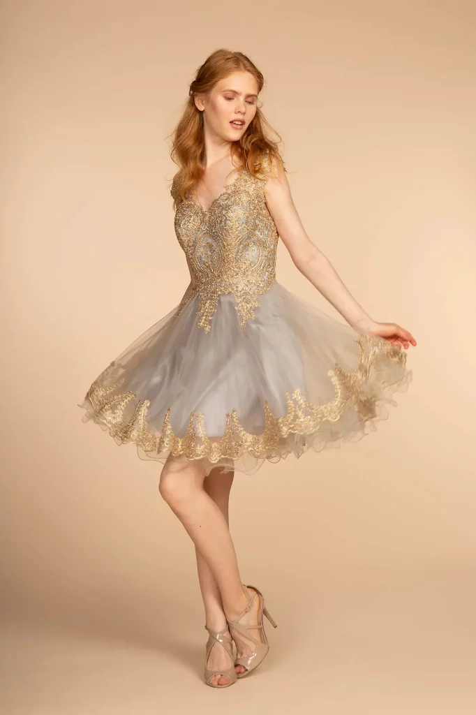 Woman posing in a Silver Tulle Dress with Gold Lace Accents