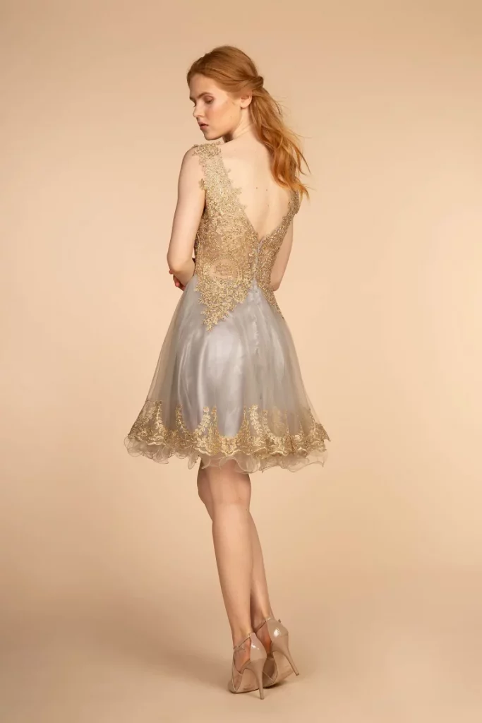 Rear view of a woman in a Silver Tulle Dress with Gold Lace Accents