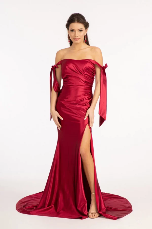 Woman in a burgundy Gathered Bodice Satin Mermaid Dress