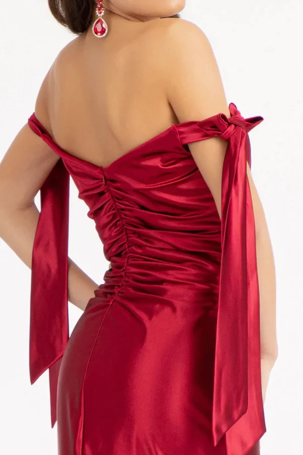 Rear view of a woman in a Gathered Bodice Satin Mermaid Dress