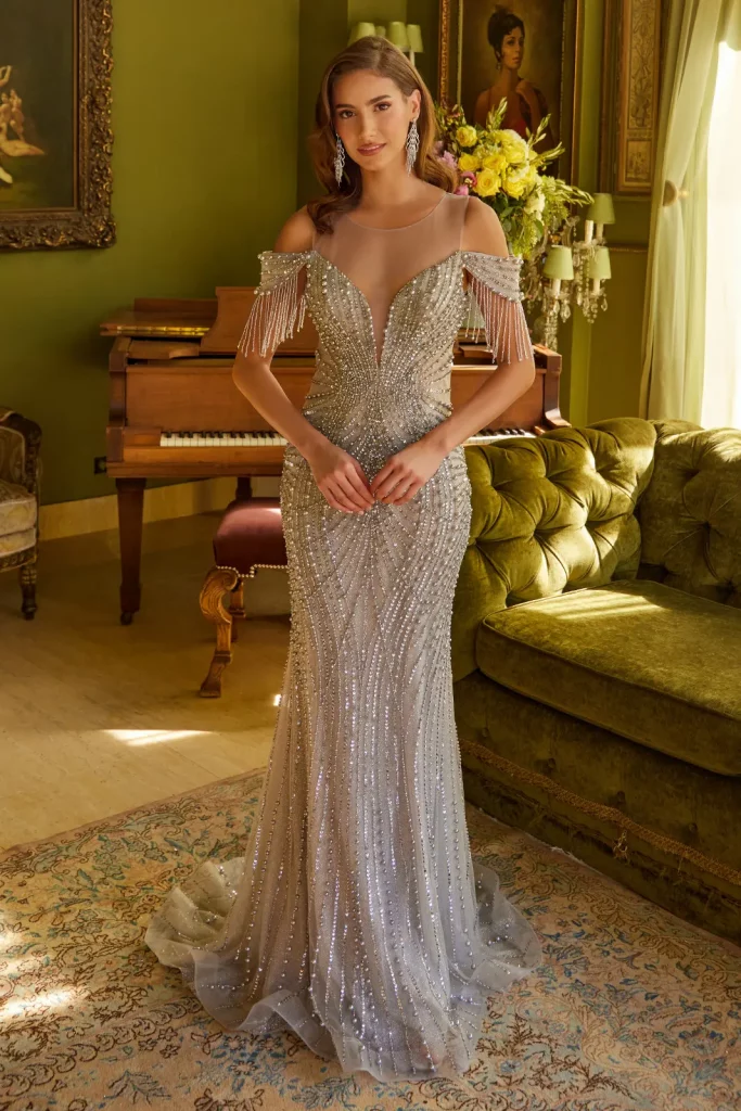 Silver V-Neck Fitted Dress