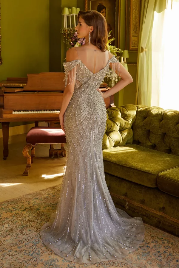 Rear view of Silver V-Neck Fitted Dress
