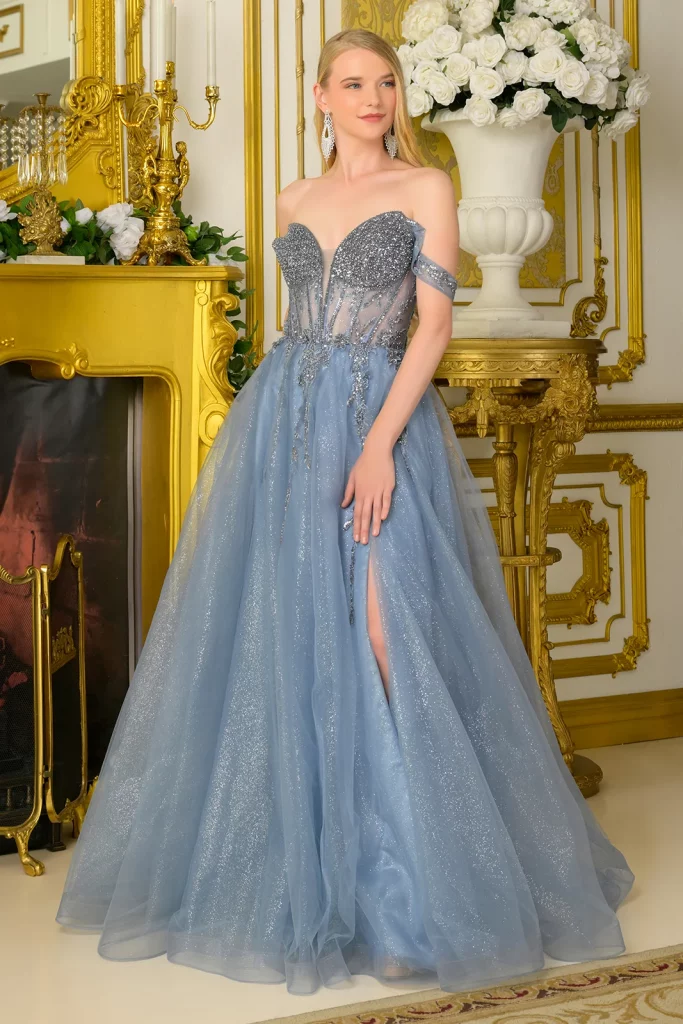 Woman in a 3D Flower Appliqué Off-Shoulder A-Line Dress