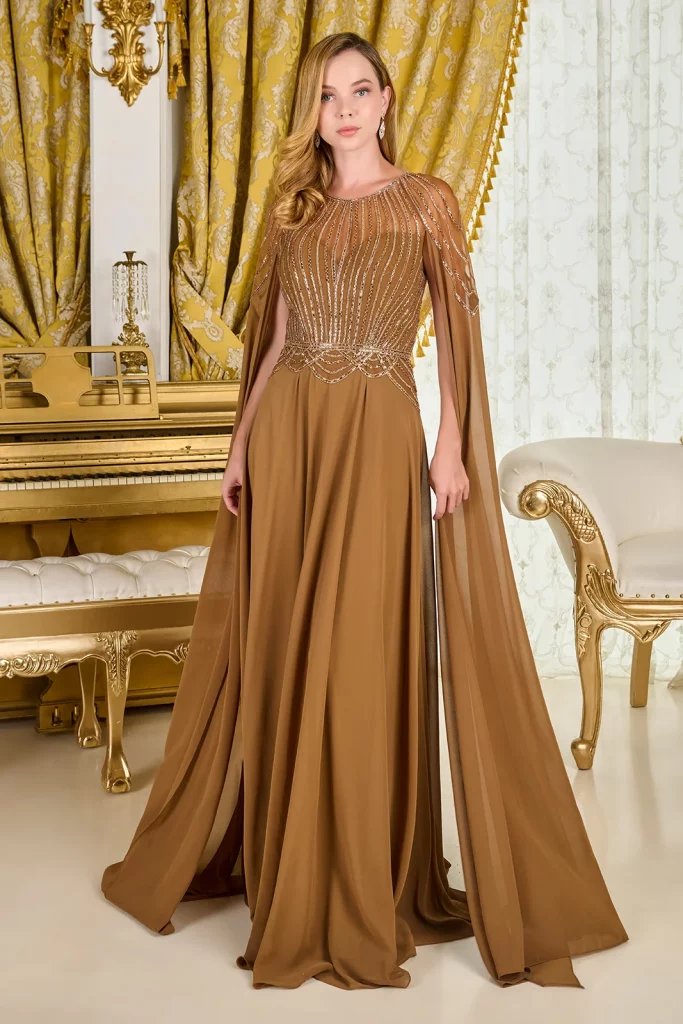 Lady posing in a Bejeweled Scoop Neck Cape Sleeves A-Line Dress