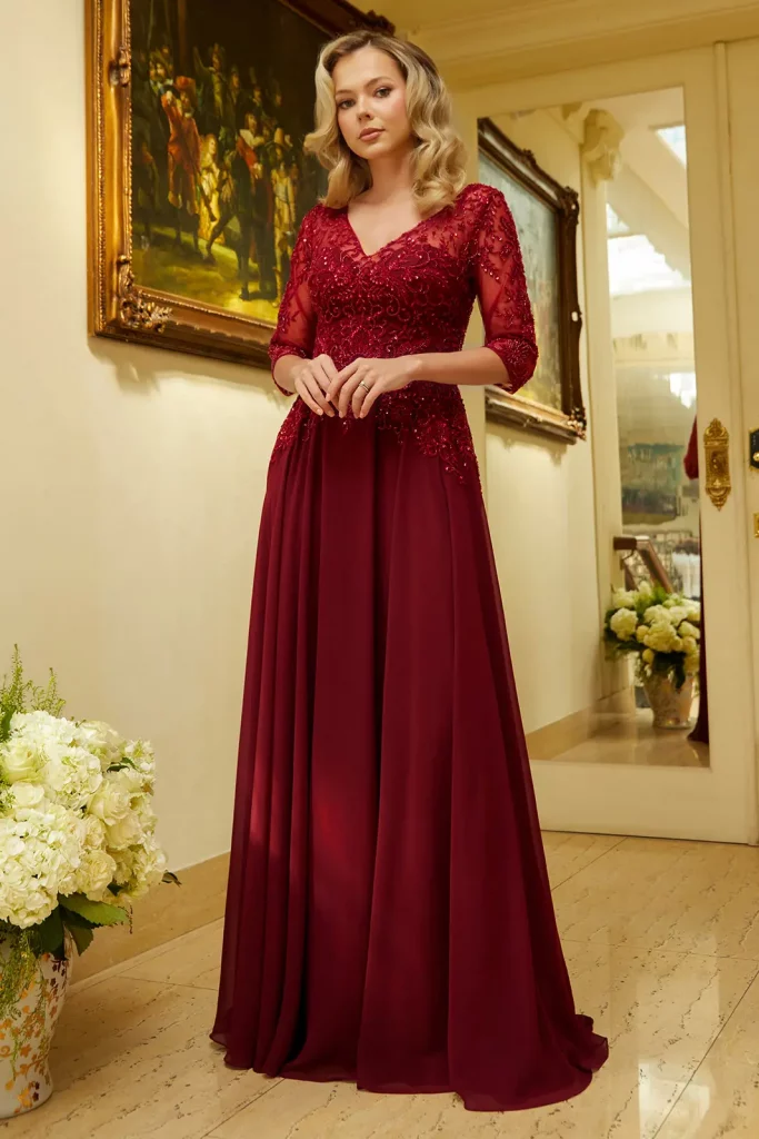 burgundy chiffon embroidered dress