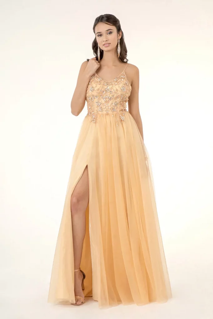 champagne long prom mesh beads dress