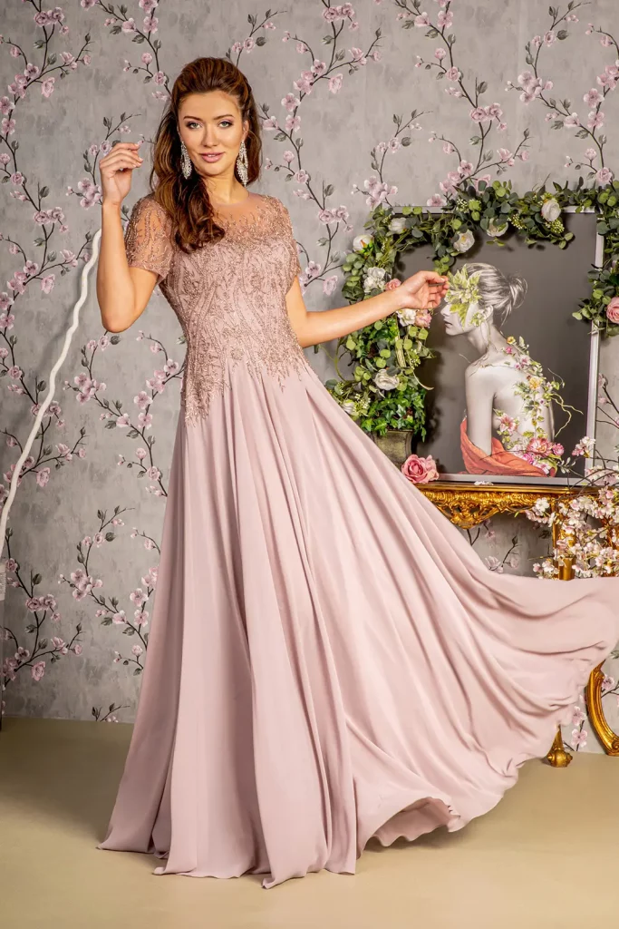 Mauve Bead Embroidery Sheer Short Sleeves A-line Mesh Long Dress