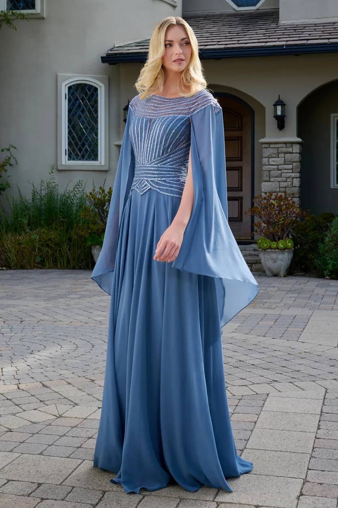 smoky blue floor length prom dress