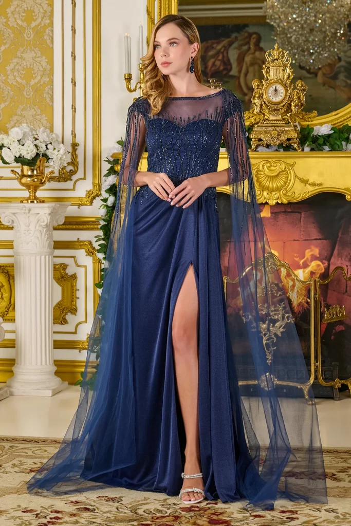 navy floor length jersey mesh dress