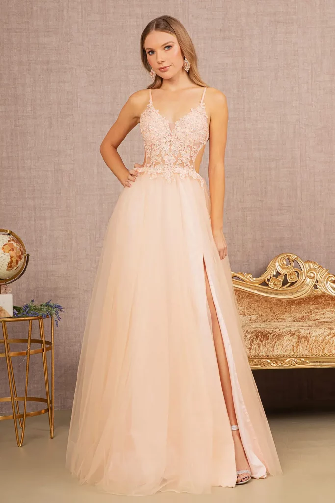 blush long prom pageant mesh applique beads embroidery dress