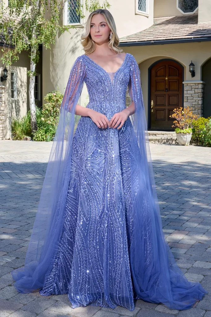smoky blue floor length mesh dress