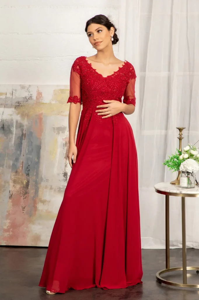burgundy long wedding gowns mother of bride chiffon embroidery jewel zipper dress