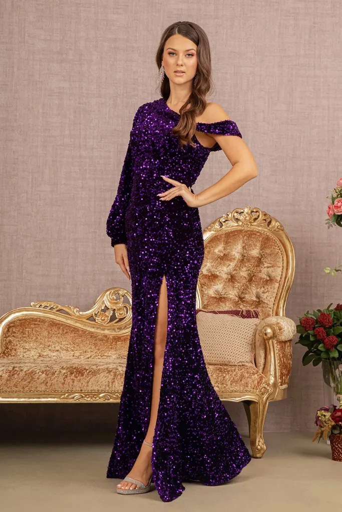 purple long prom pageant gala red carpet velvet sequin open zipper dress