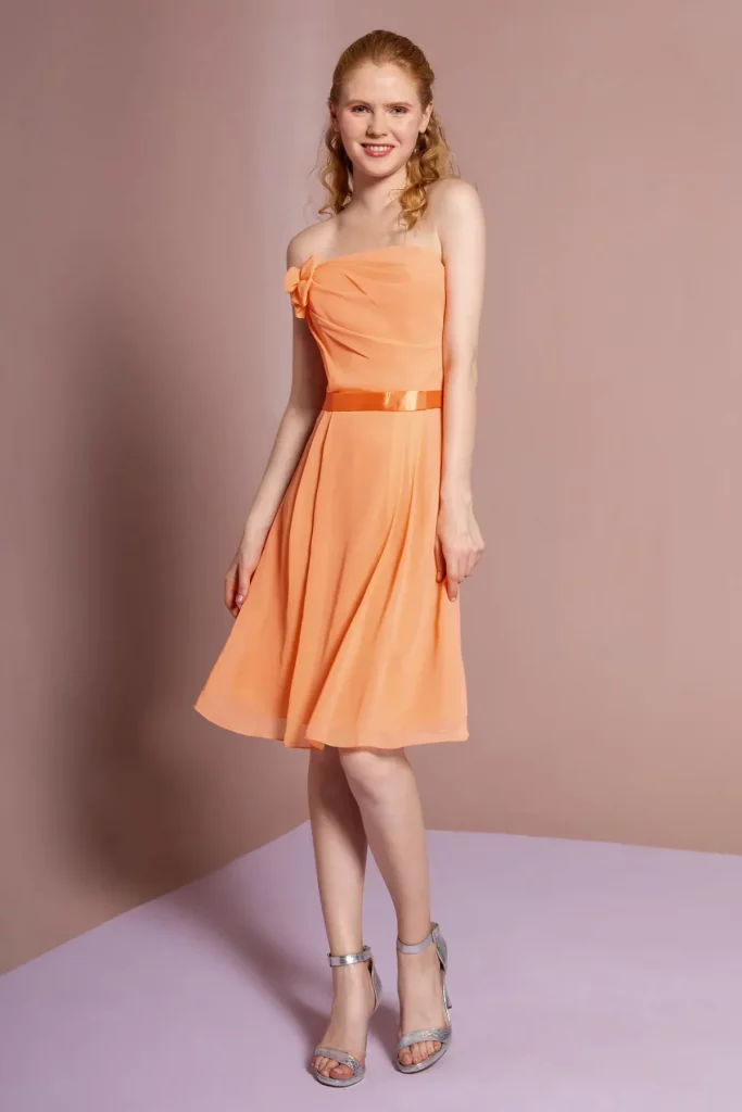 orange knee length homecoming cocktail bridesmaids dress