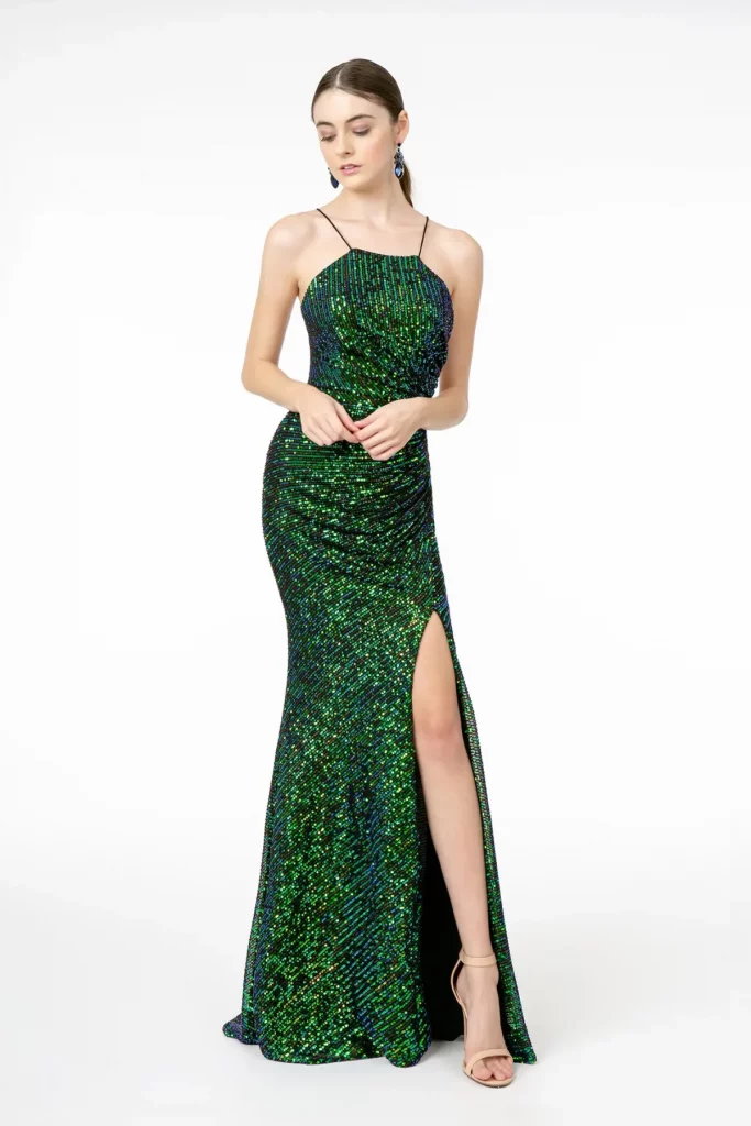 green long gala sequin open back straps zipper dress