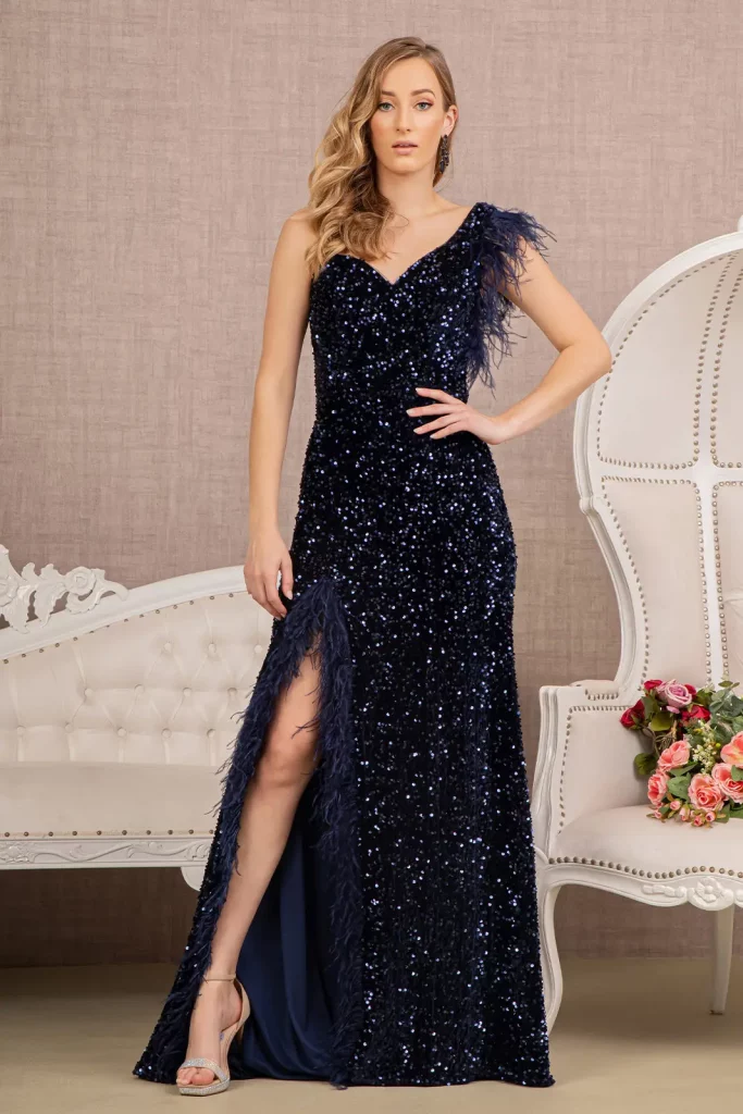 navy tail prom velvet feather sequin open zipper dress