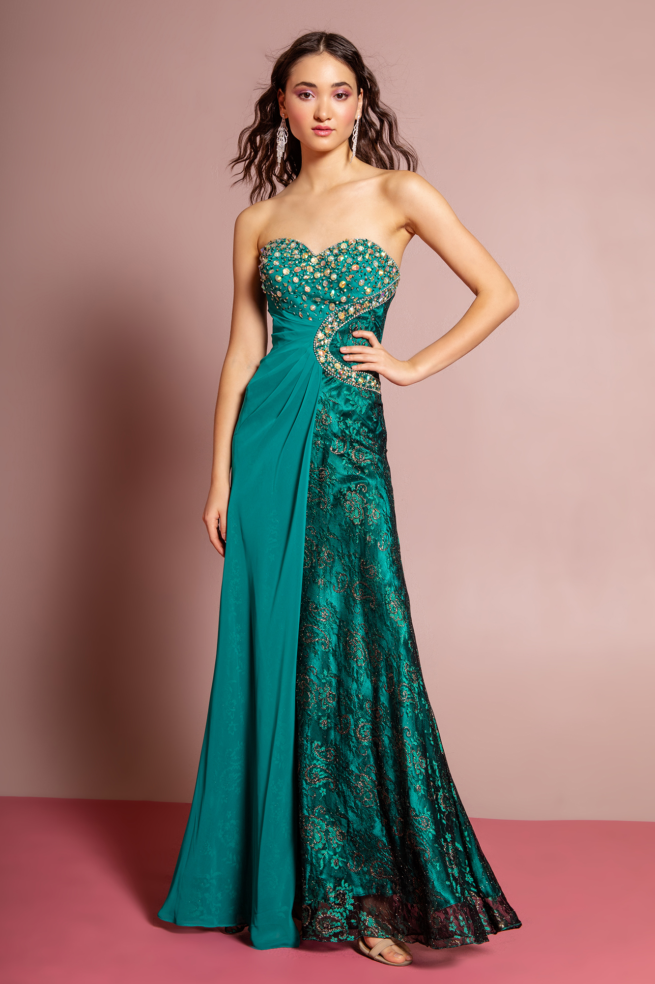 woman in strapless green gown