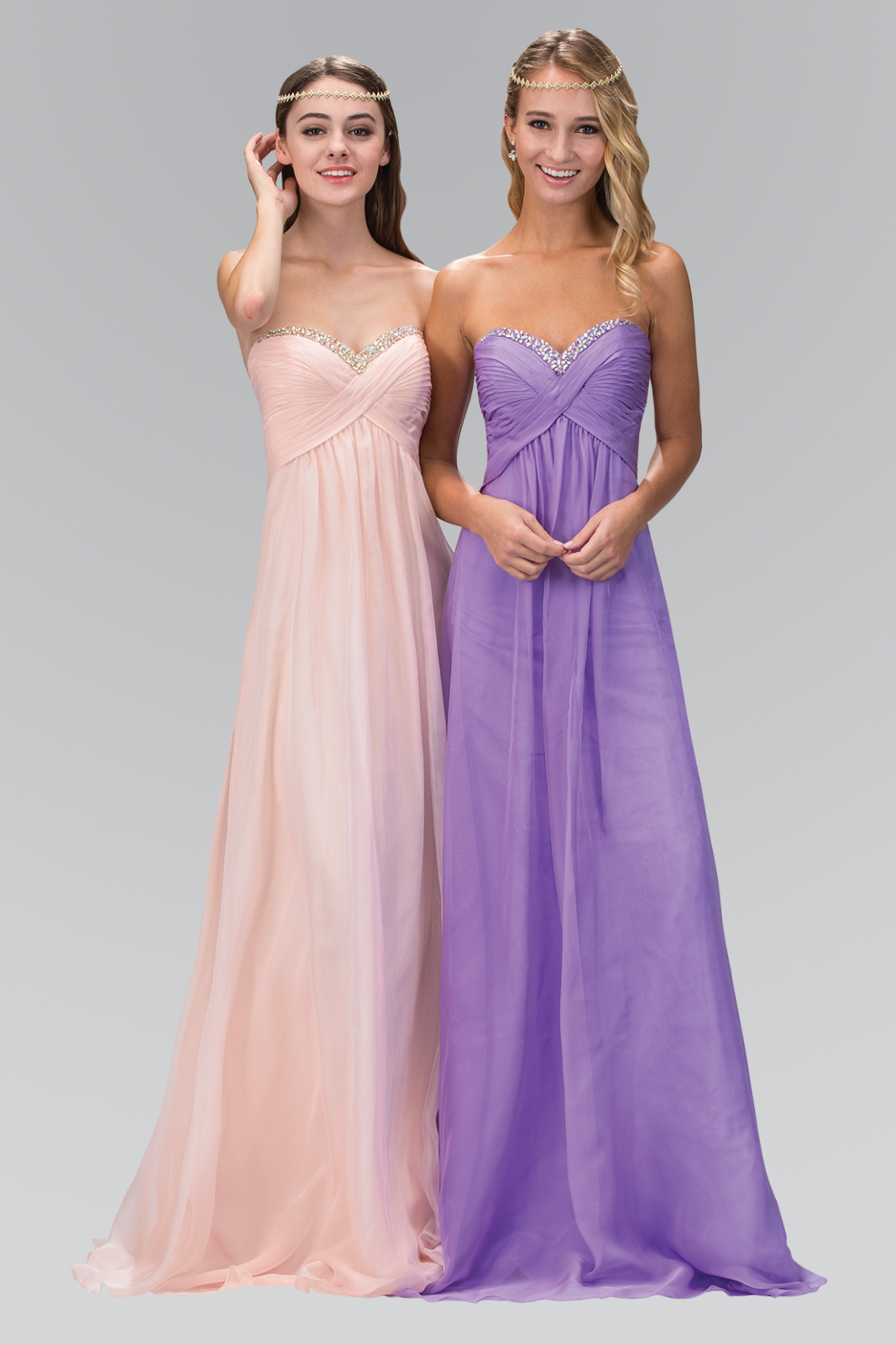 two women in blush and lilac gowns