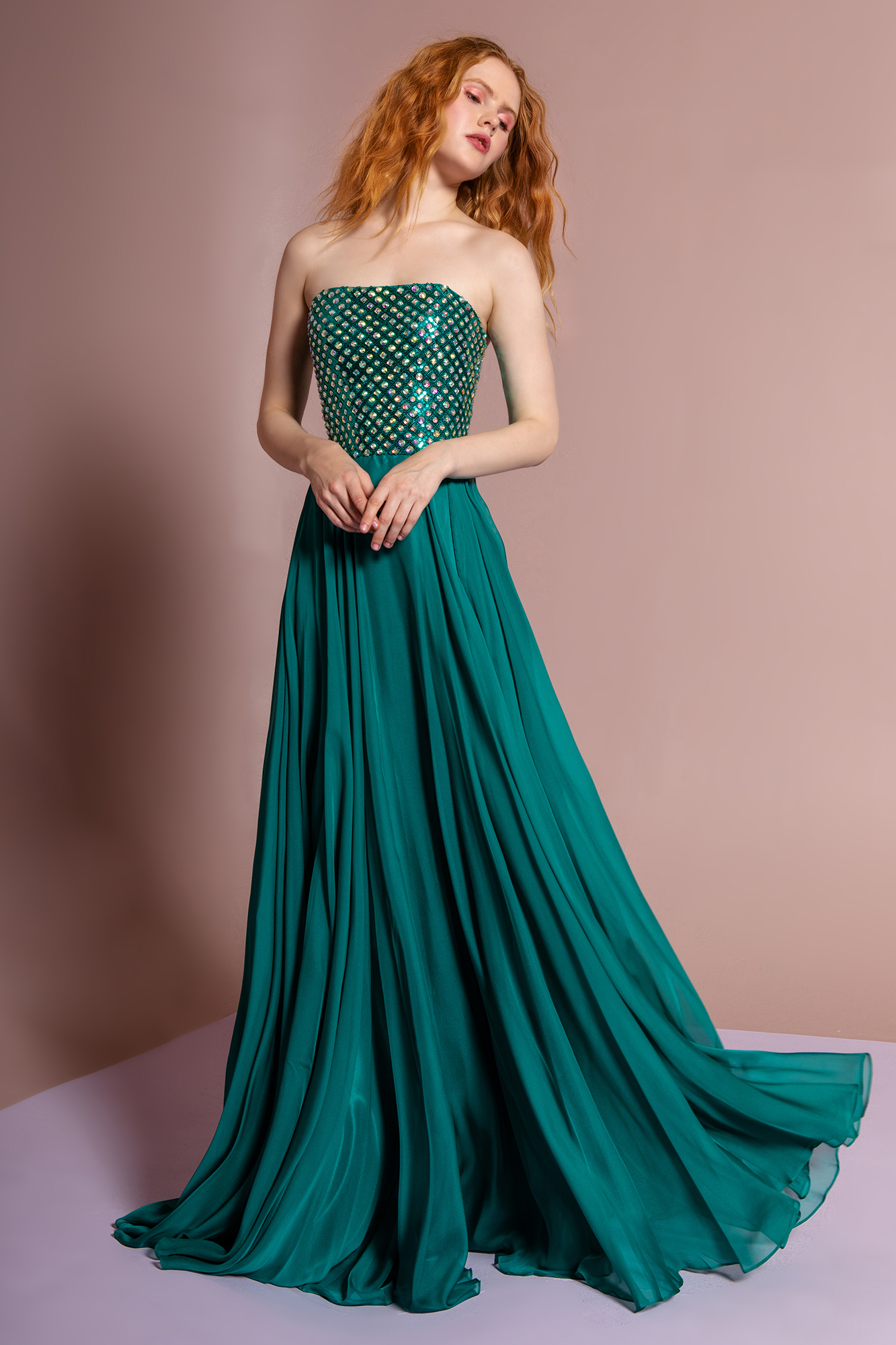 woman in green strapless gown