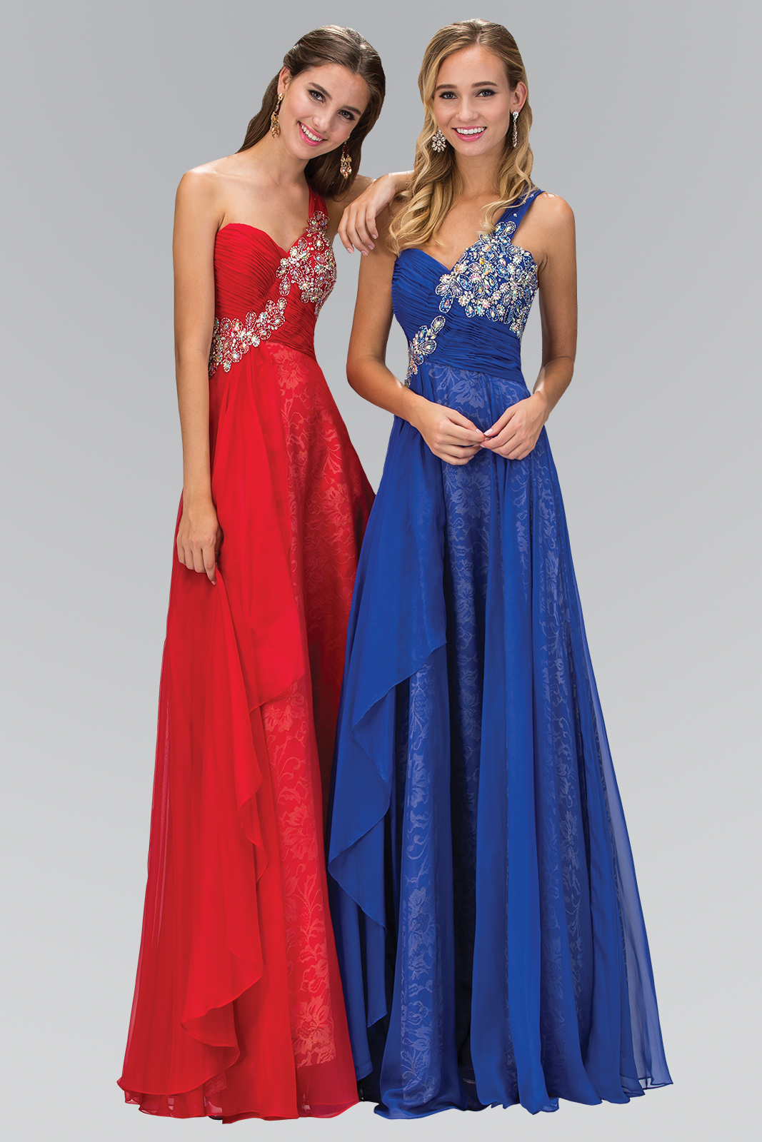 women in red and blue gowns