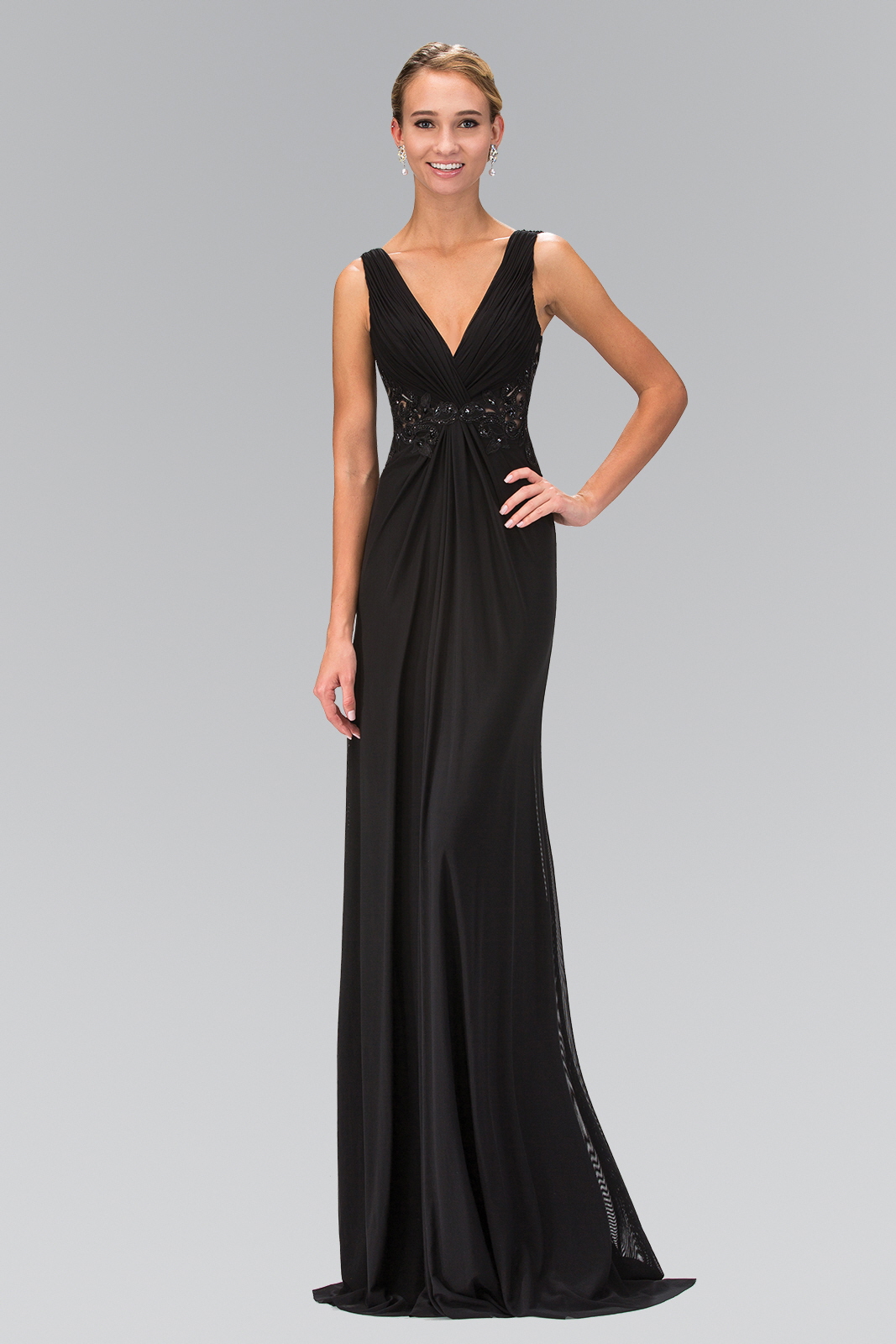 woman in black v-neck gown