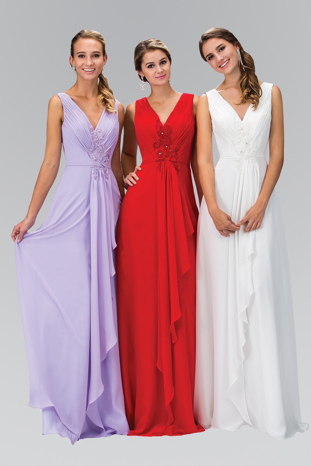 three women in lilac, red, and white v-neck gowns