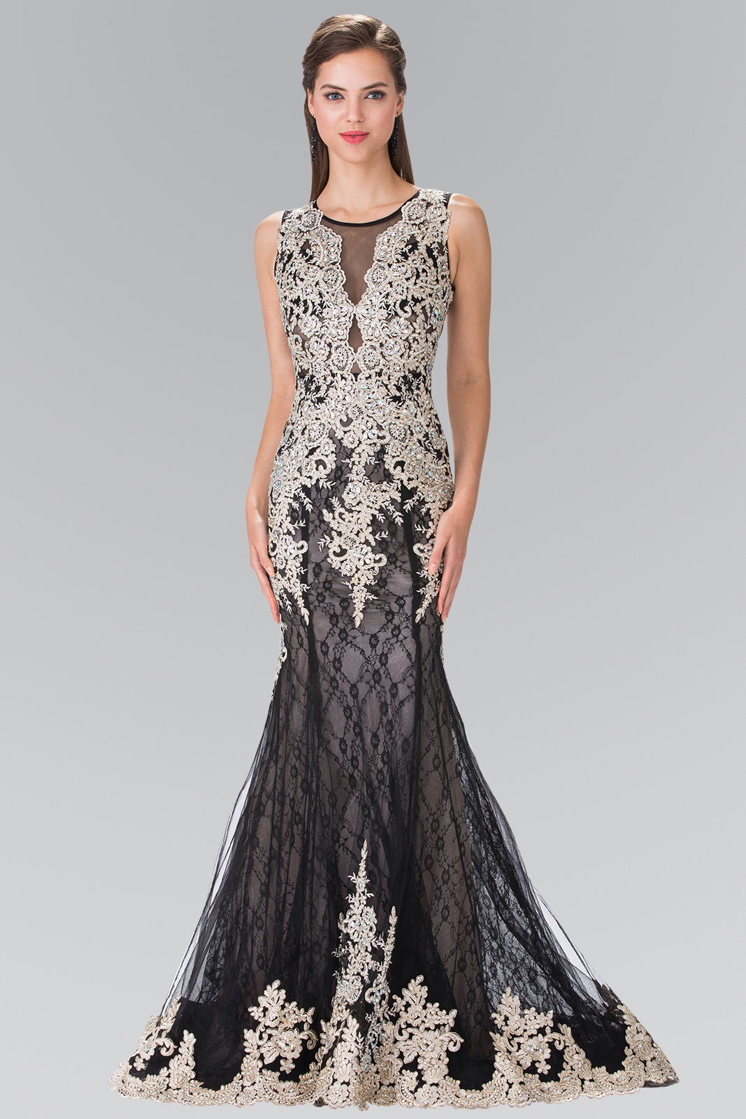 woman in black embroidered gown