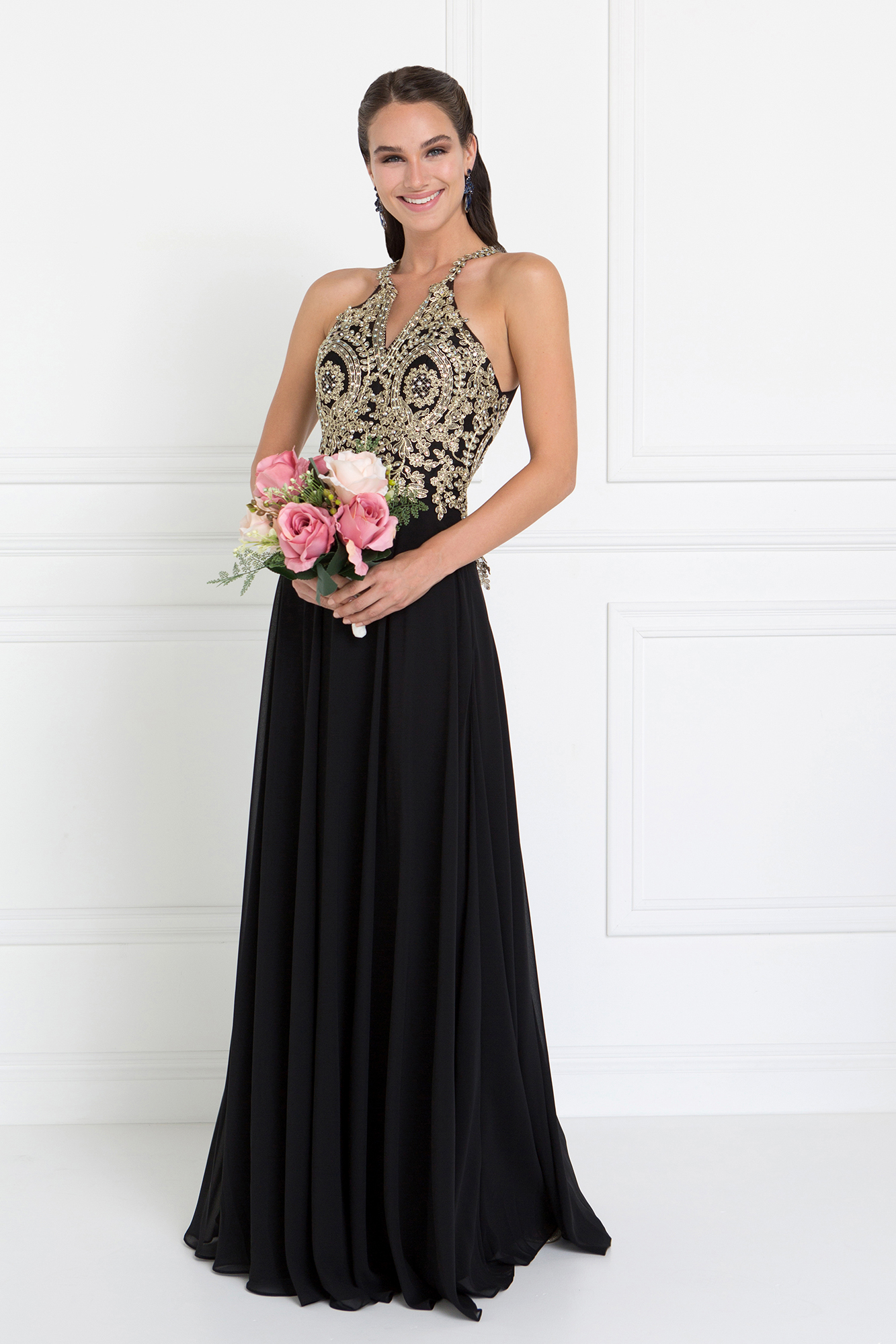 woman in black v-neck gown