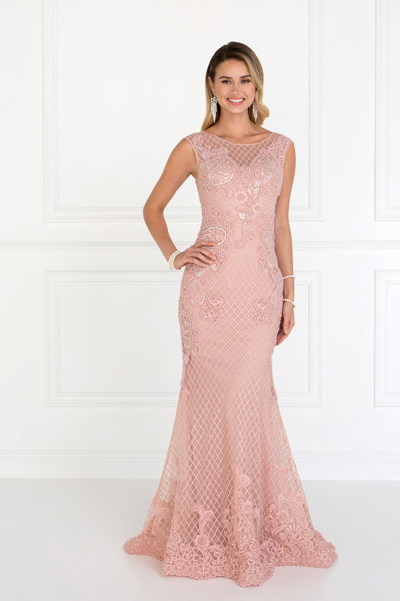Dusty rose beads and sequin mesh long dress