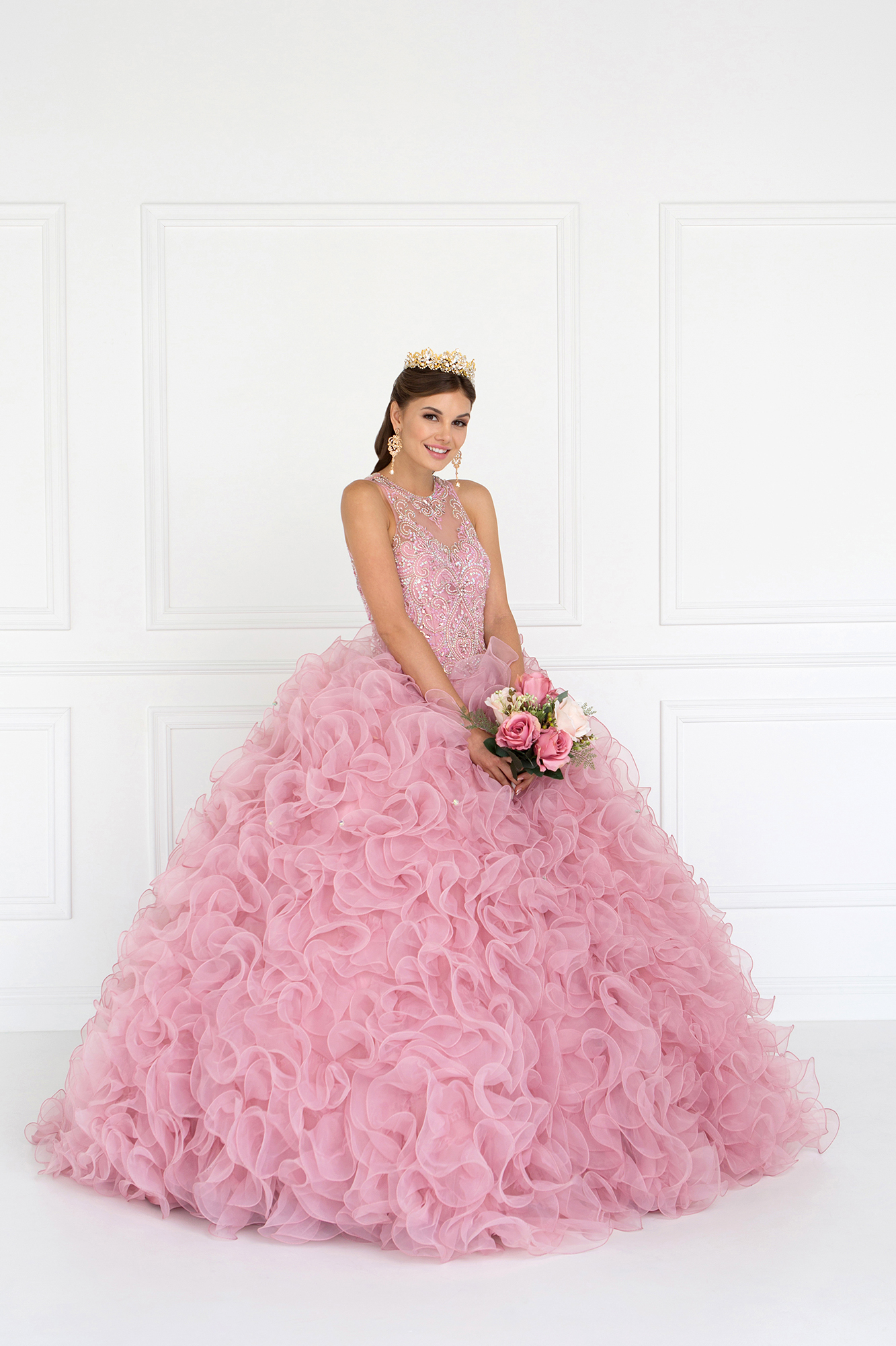 Pink Ruffled Quinceanera Gown