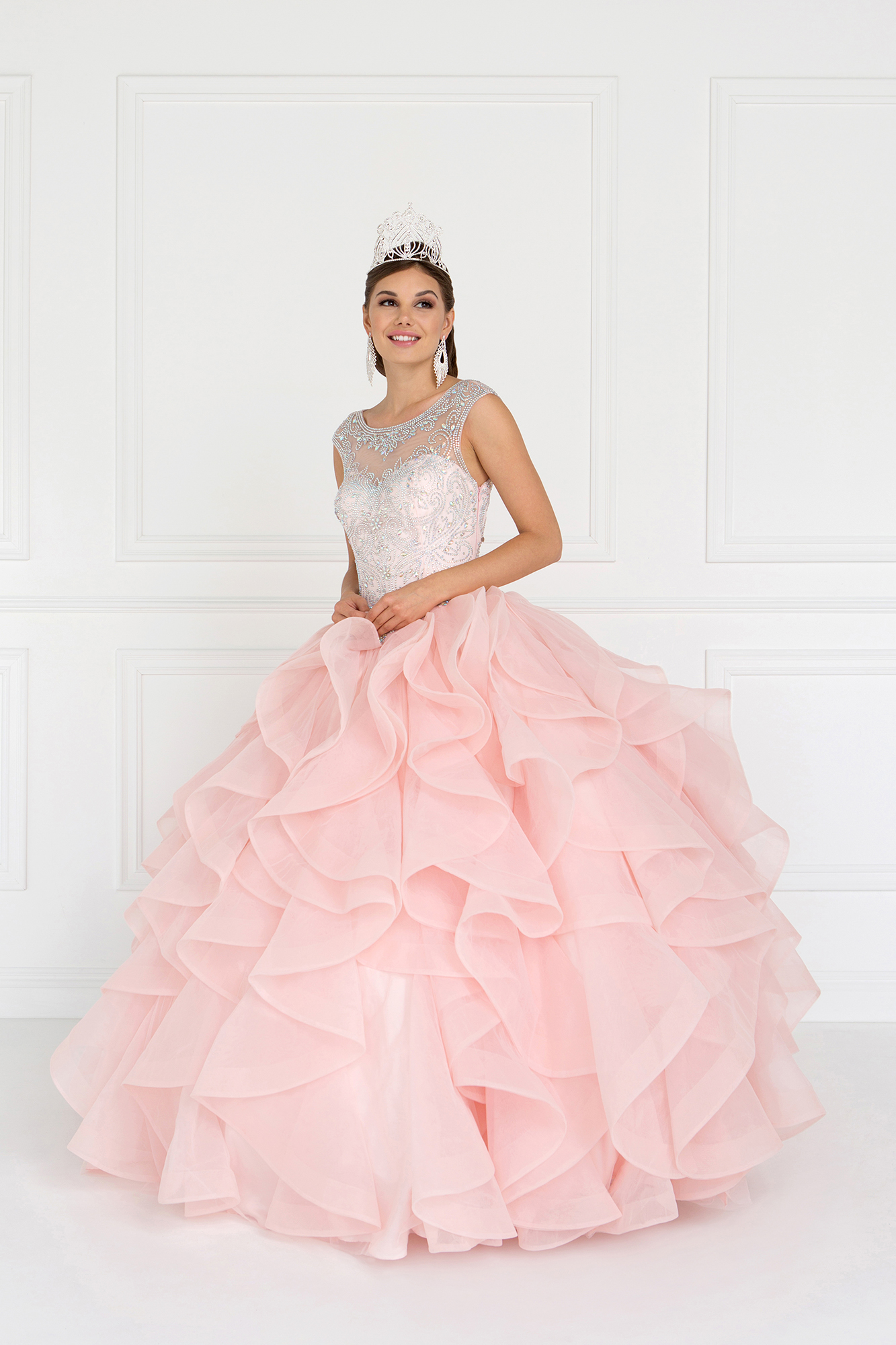 woman in silver and pink ruffled ballgown