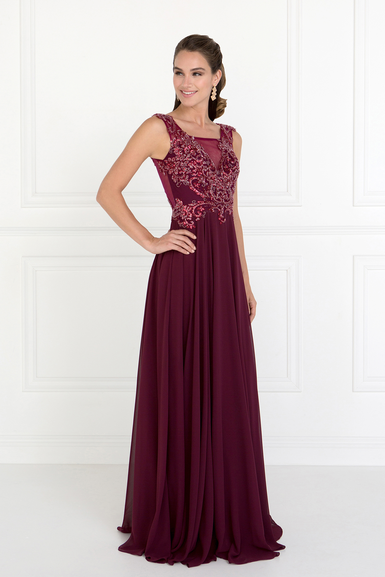woman in burgundy gown