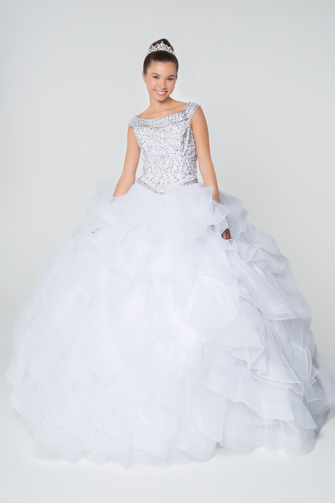 White Quinceanera Gown with Ruffled Skirt