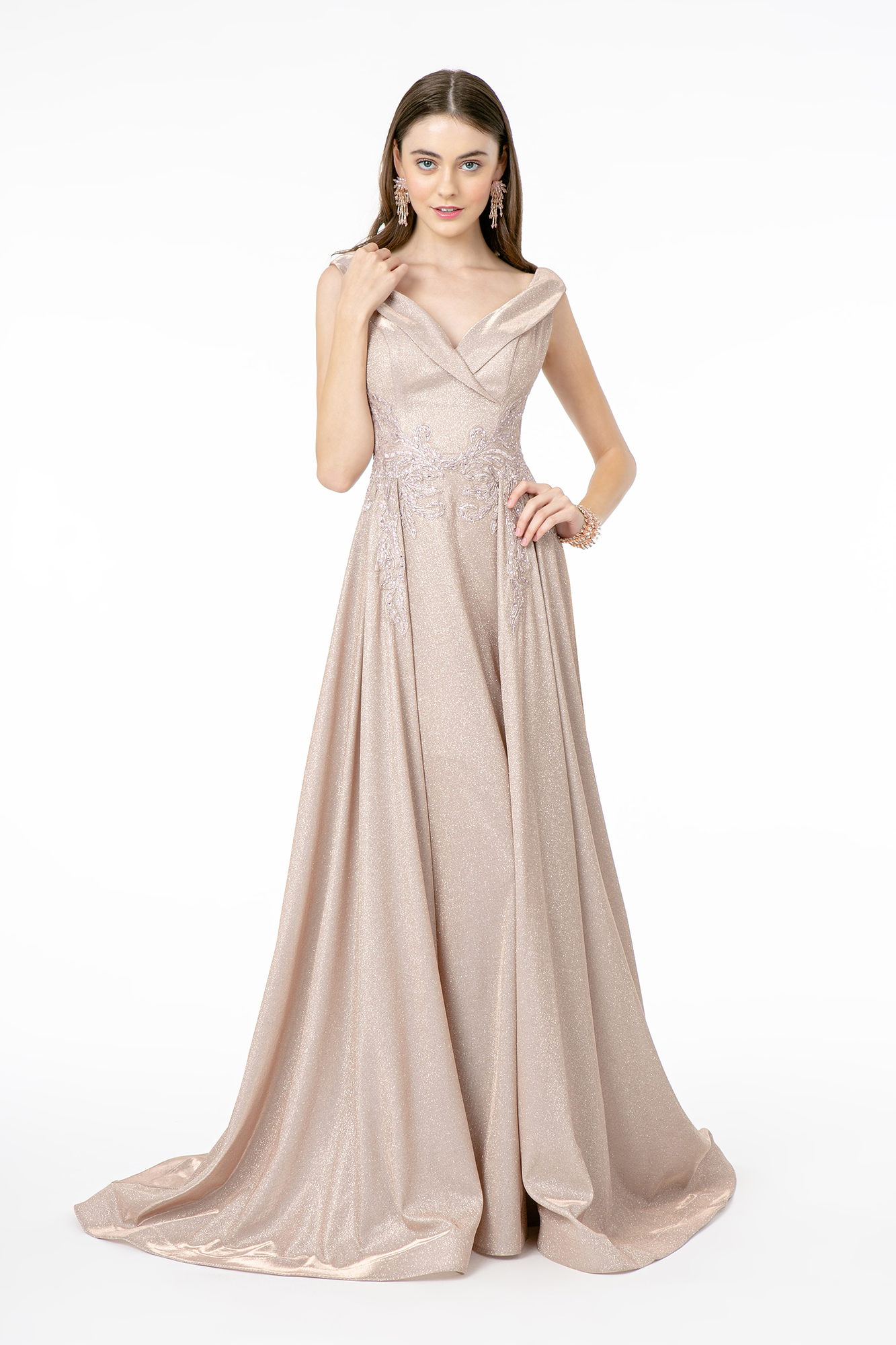 Mauve V- neckline long prom dress
