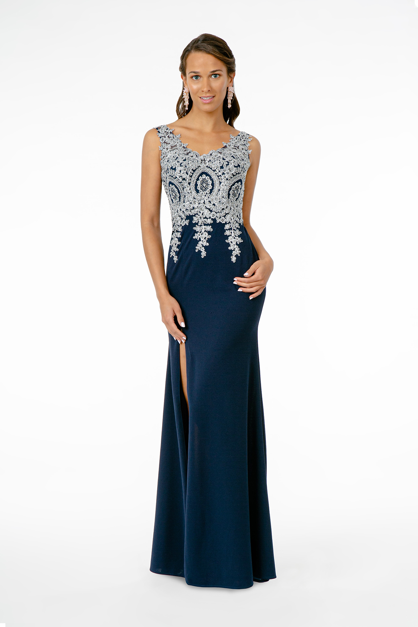 woman in blue cutout gown