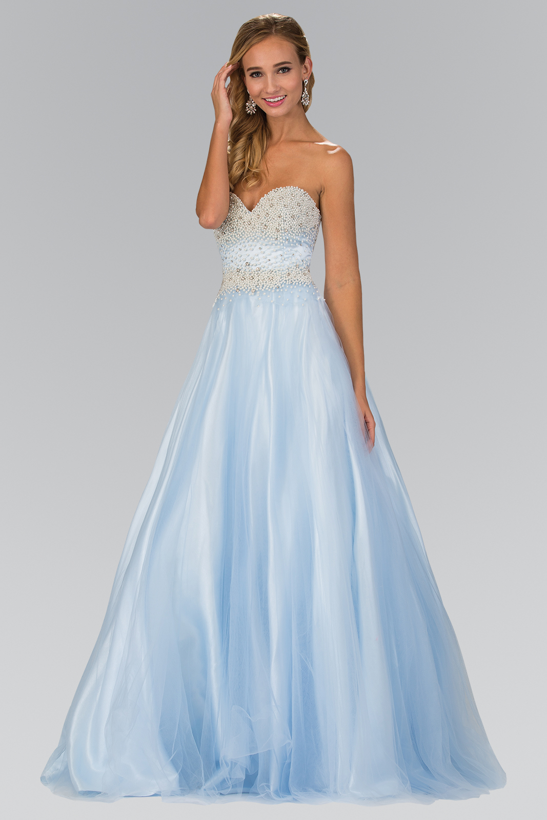 woman in baby blue strapless gown