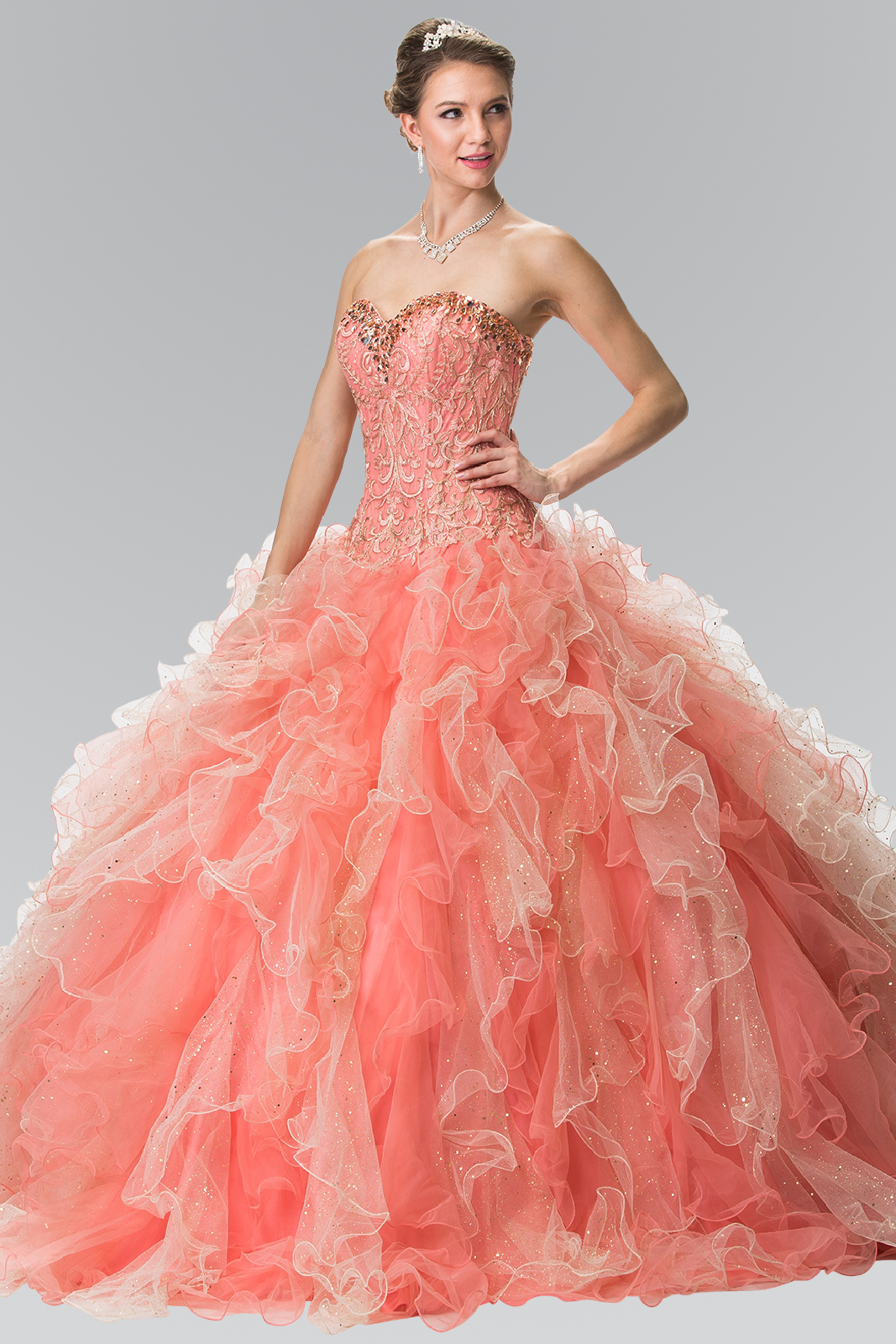 woman in coral champagne strapless dress
