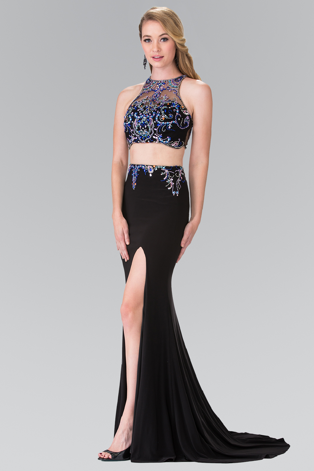 Black beads and sequin decorated tailed rome jersey prom dress