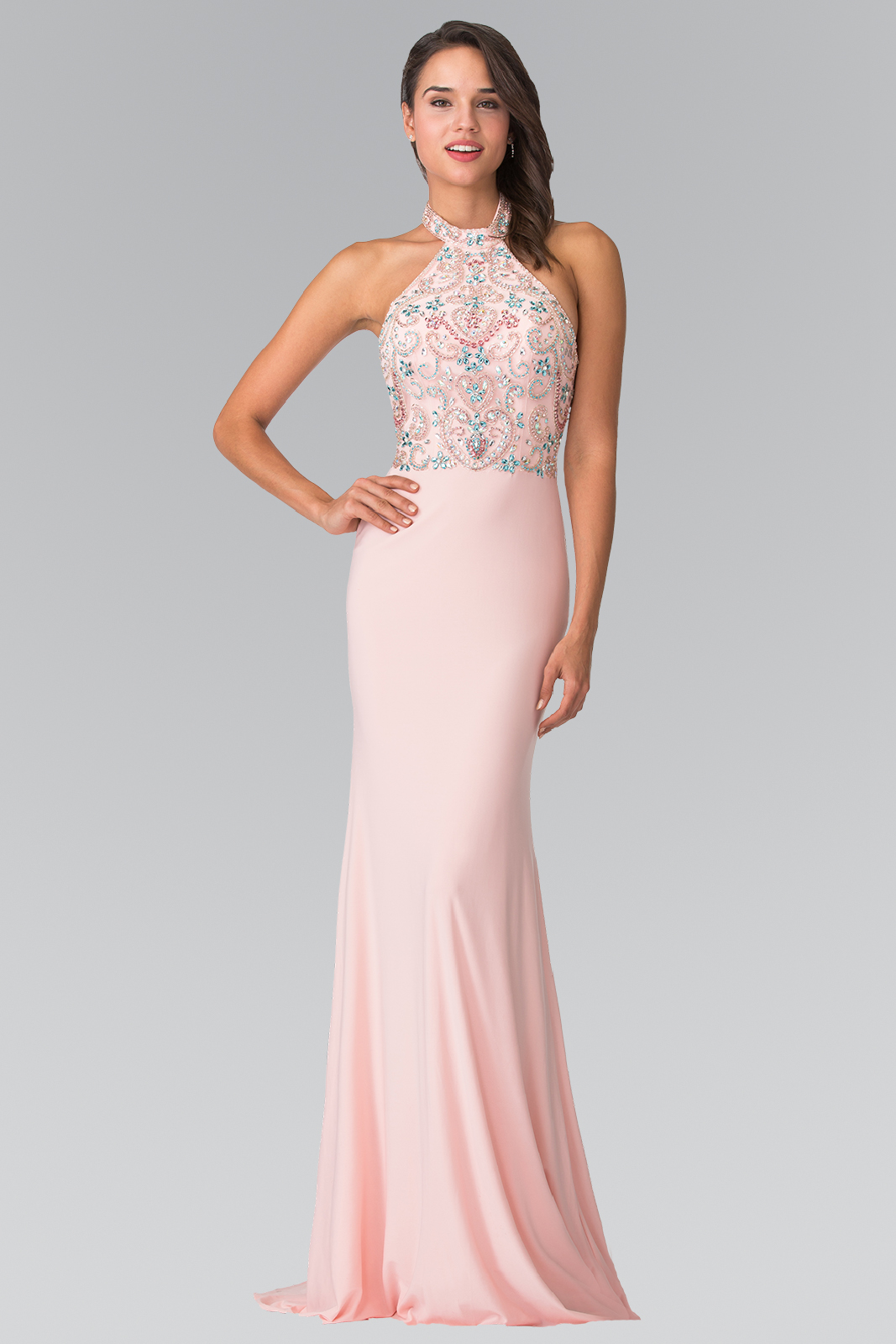 Blush open back sequins and beads decorated sleevelesss rome jersey halter mermaid dress