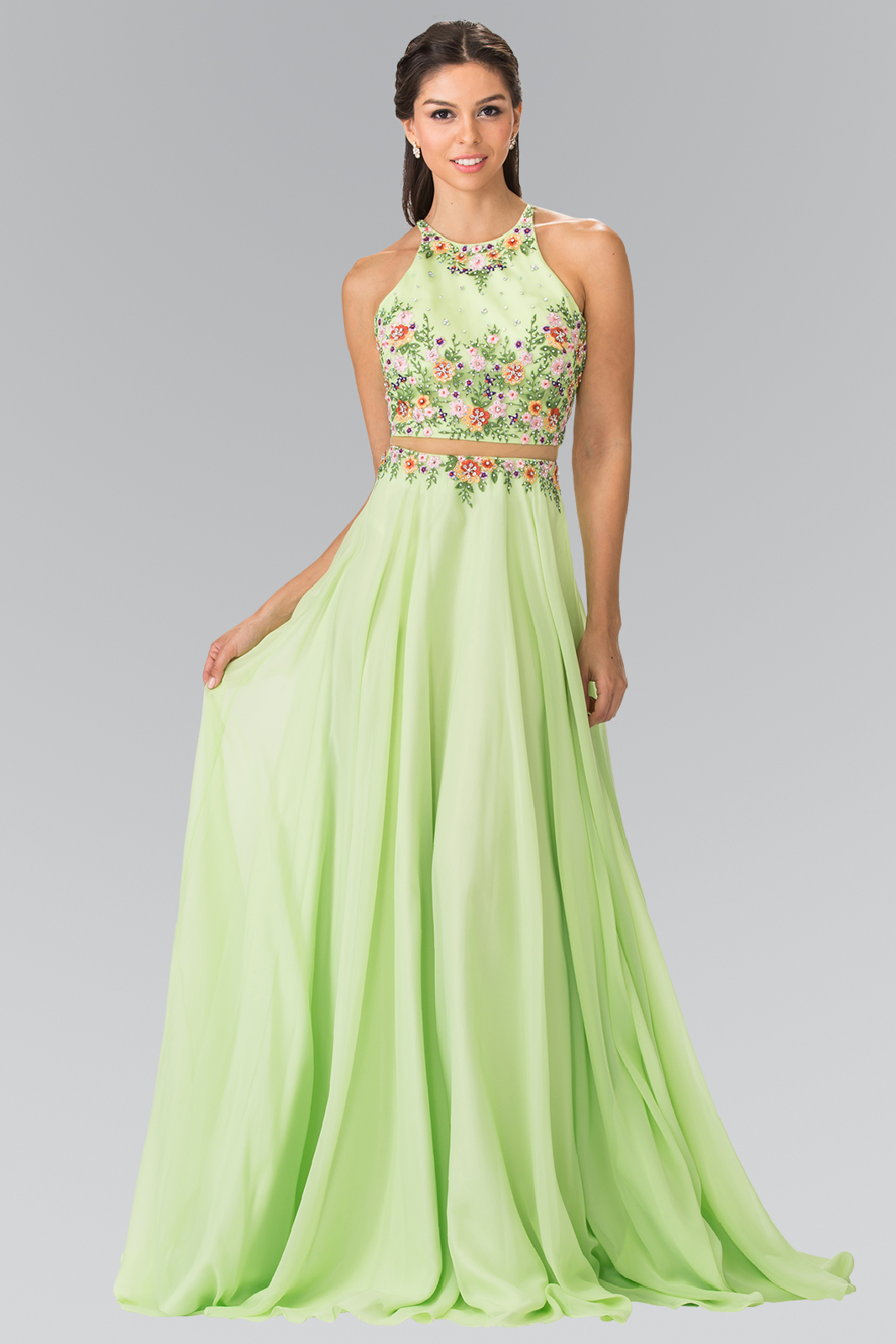 Neon green chiffon sequin decorated long prom dress
