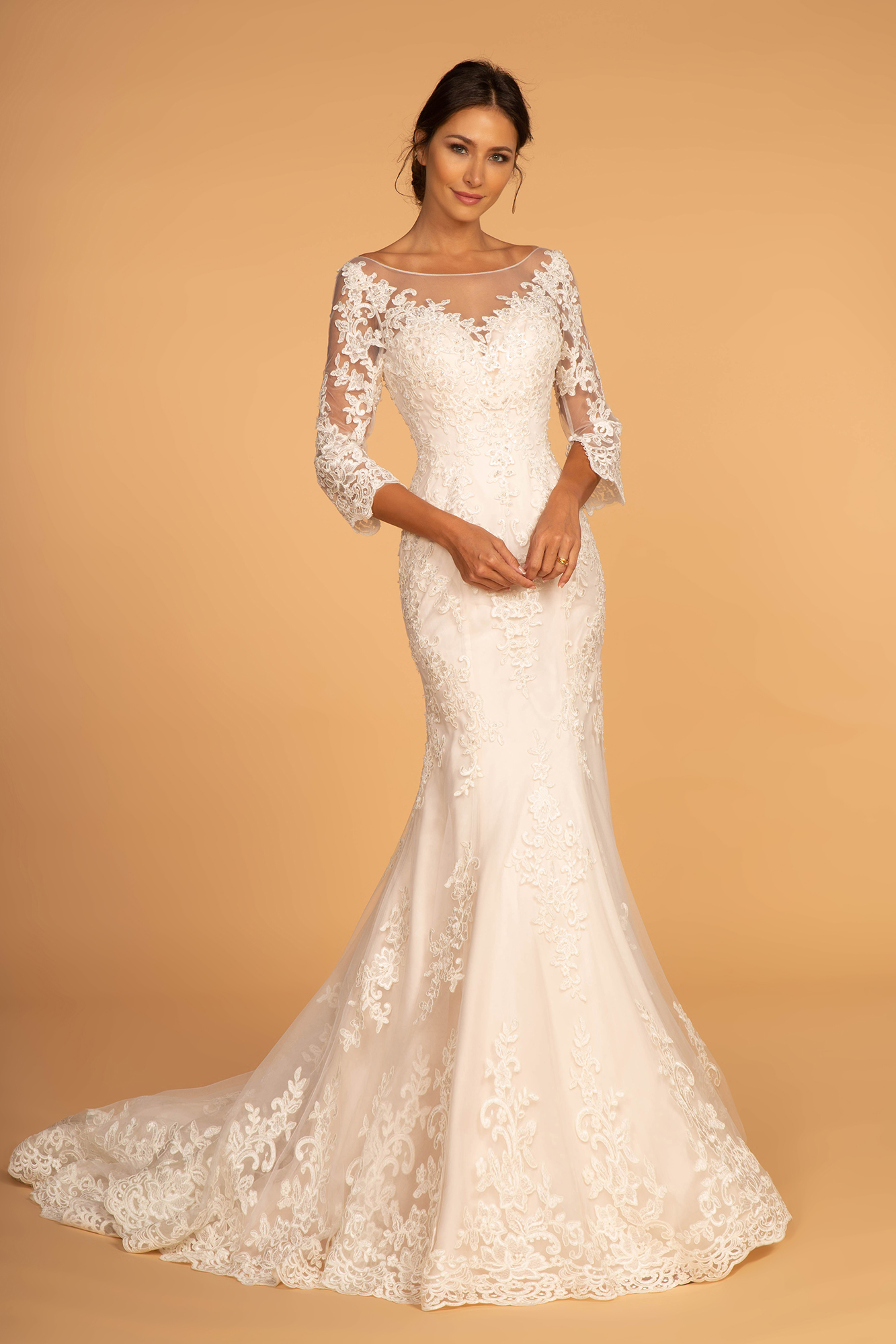 White Three Quarter Length Sleeves Wedding Gown