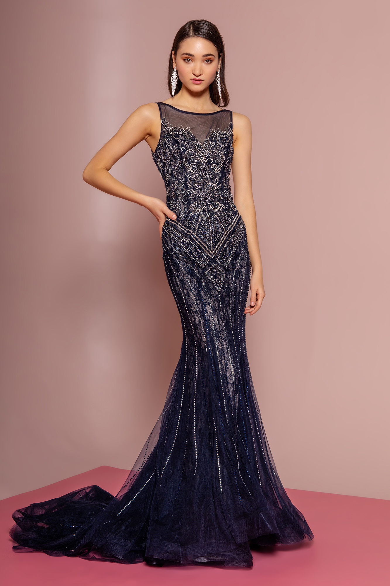 Navy lace beads and jewel decorated Ilusion sweetheart V-back long dress