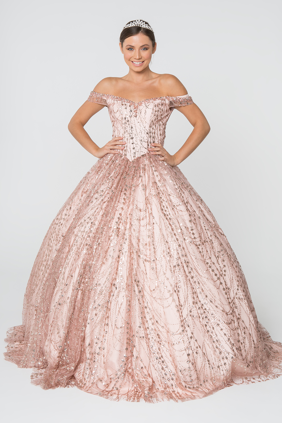 rose gold glitter off shoulder quinceanera ball gown