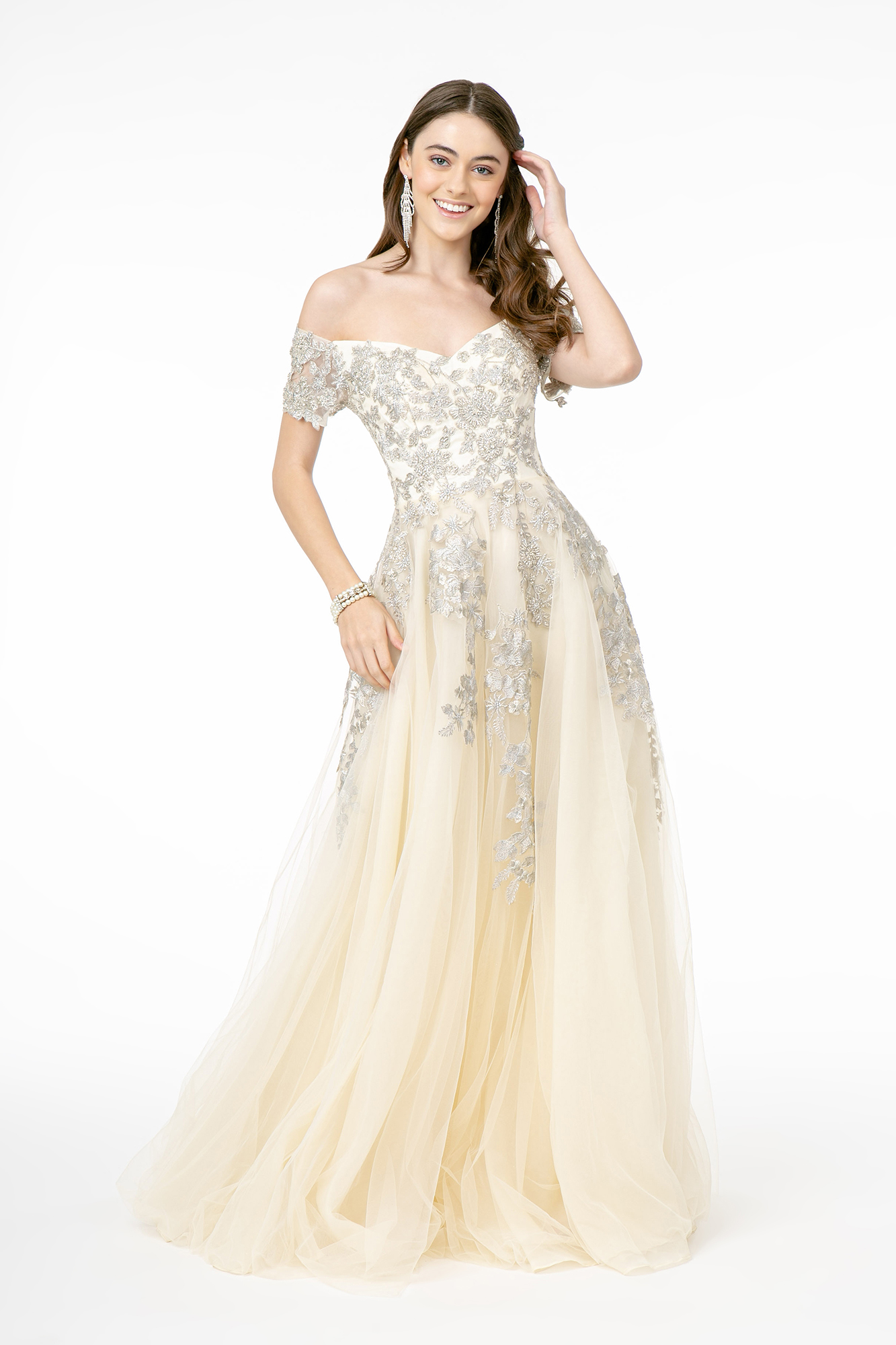 Champagne Aline Off Shoulder Long Dress