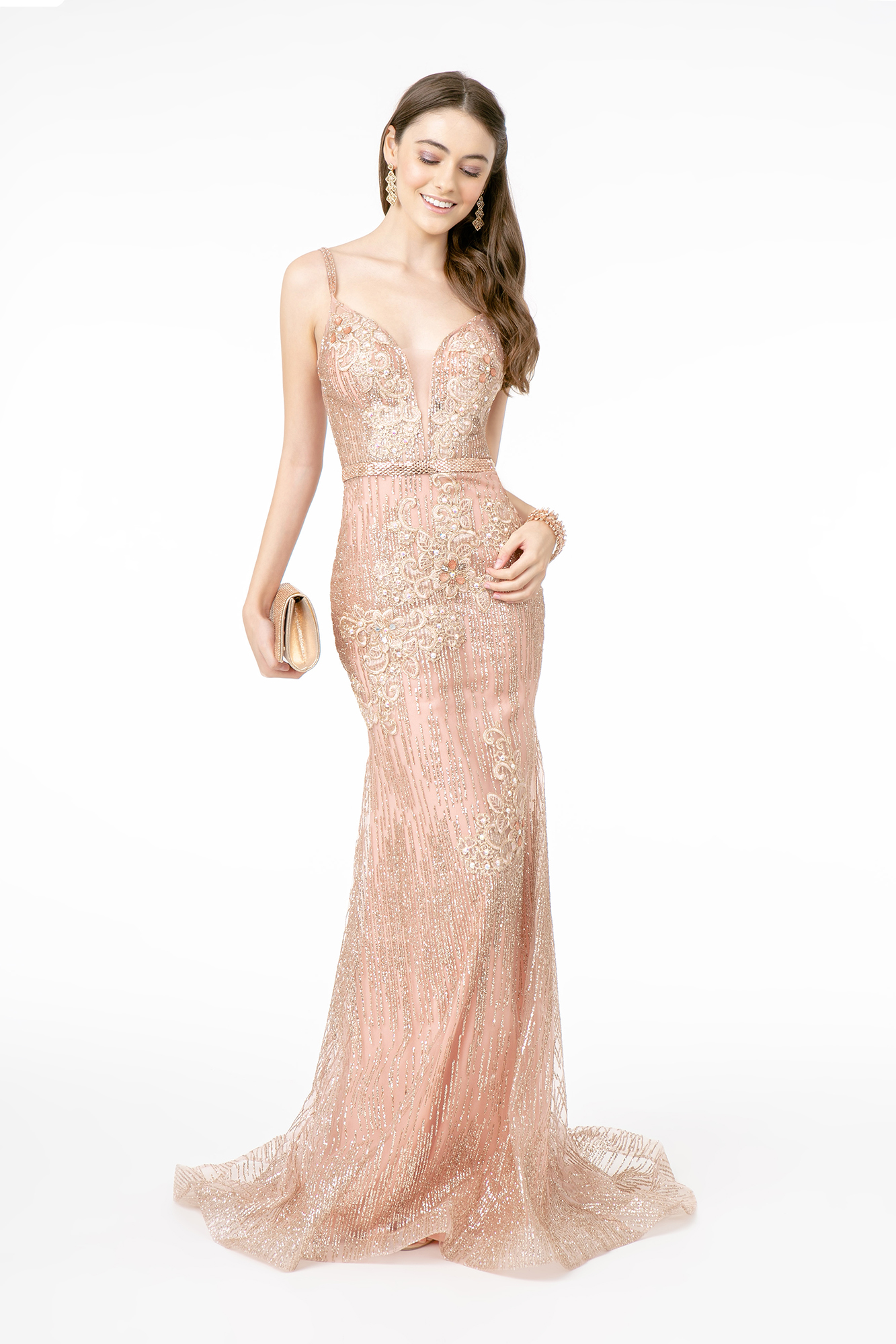 pink glitter mesh prom gown