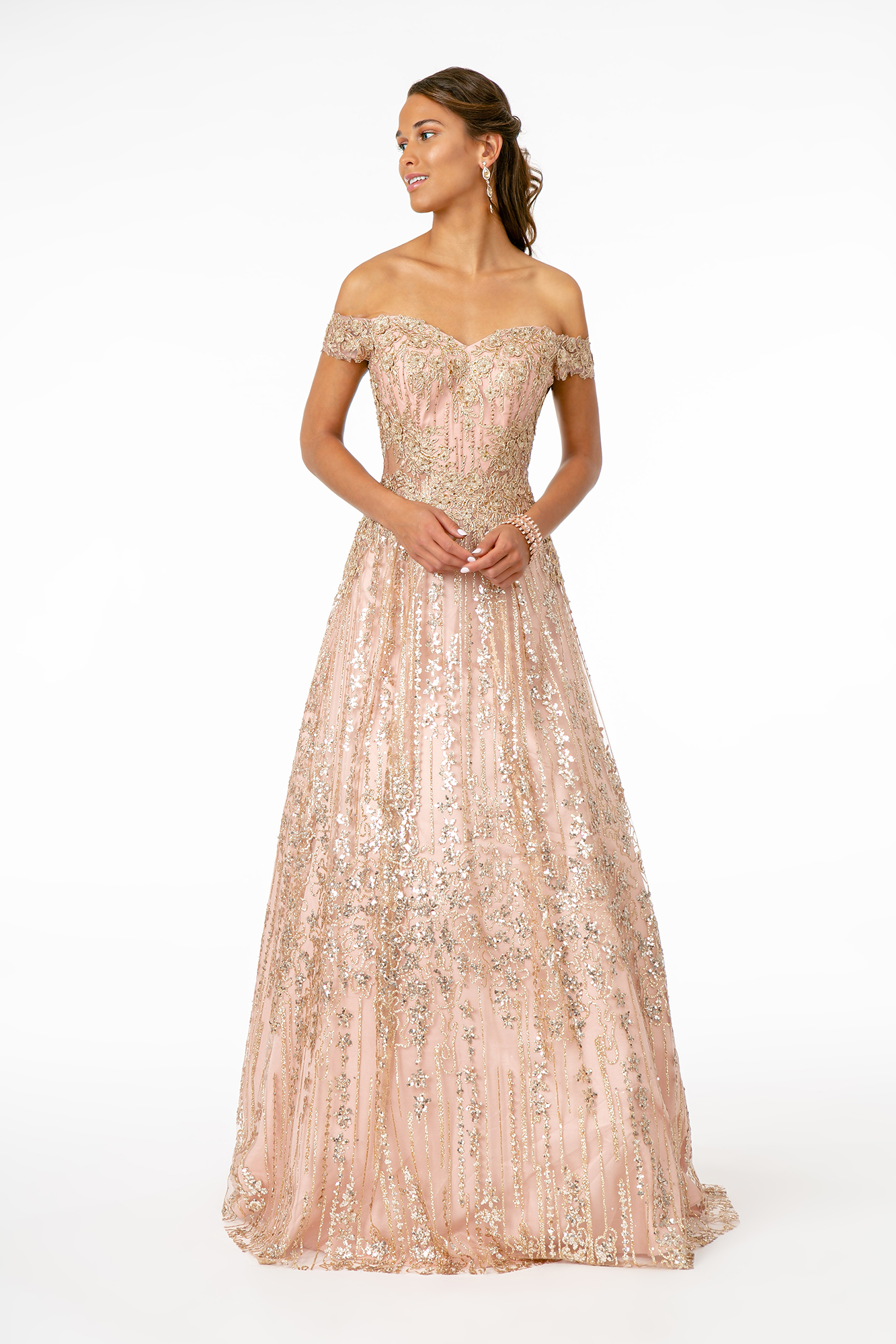 rose gold embroidery glitter off shoulder a-line dress